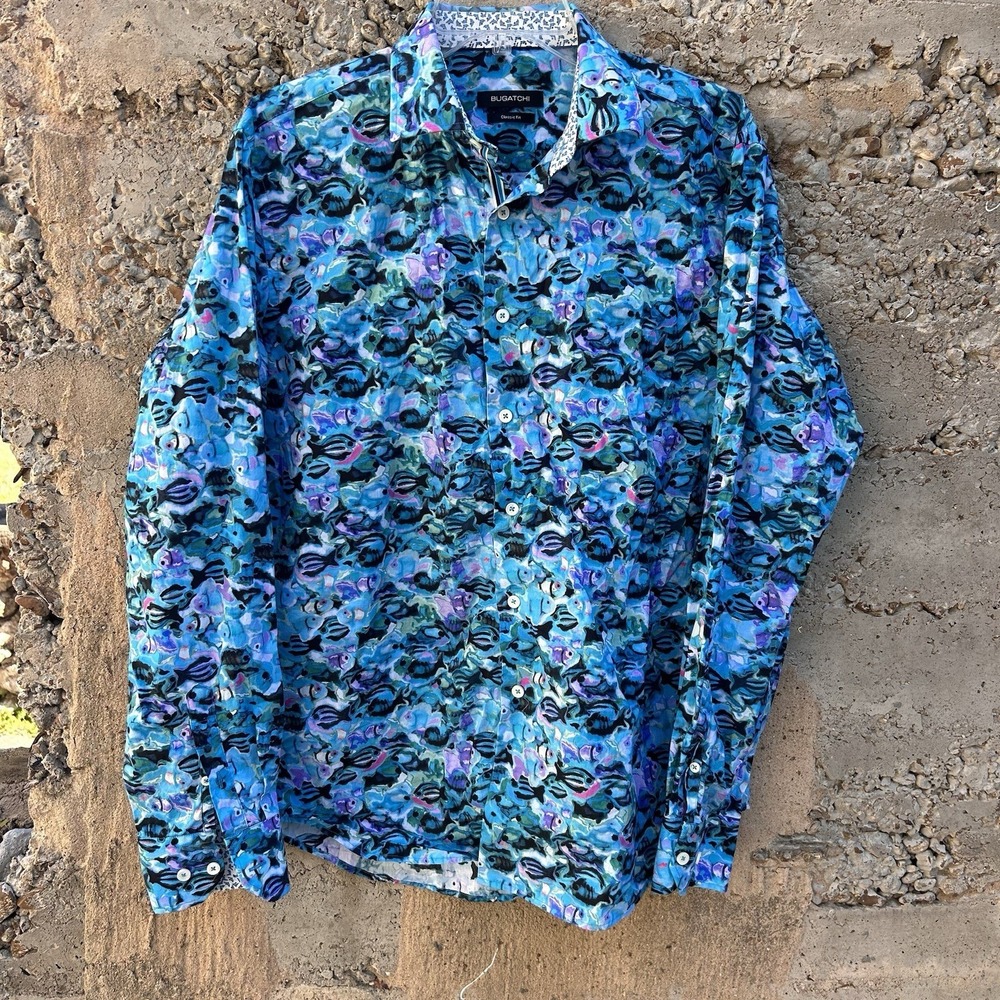 Bugatchi ClassicFit Long Sleeve Button Down Shirt Blue Fish Geometric Print Aqua